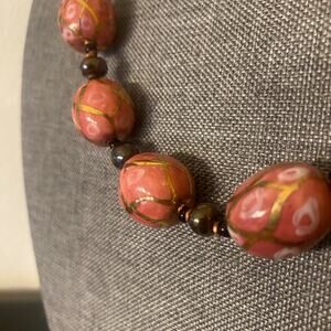 Big Bold Pink and Gold Ceramic Bead Necklace
